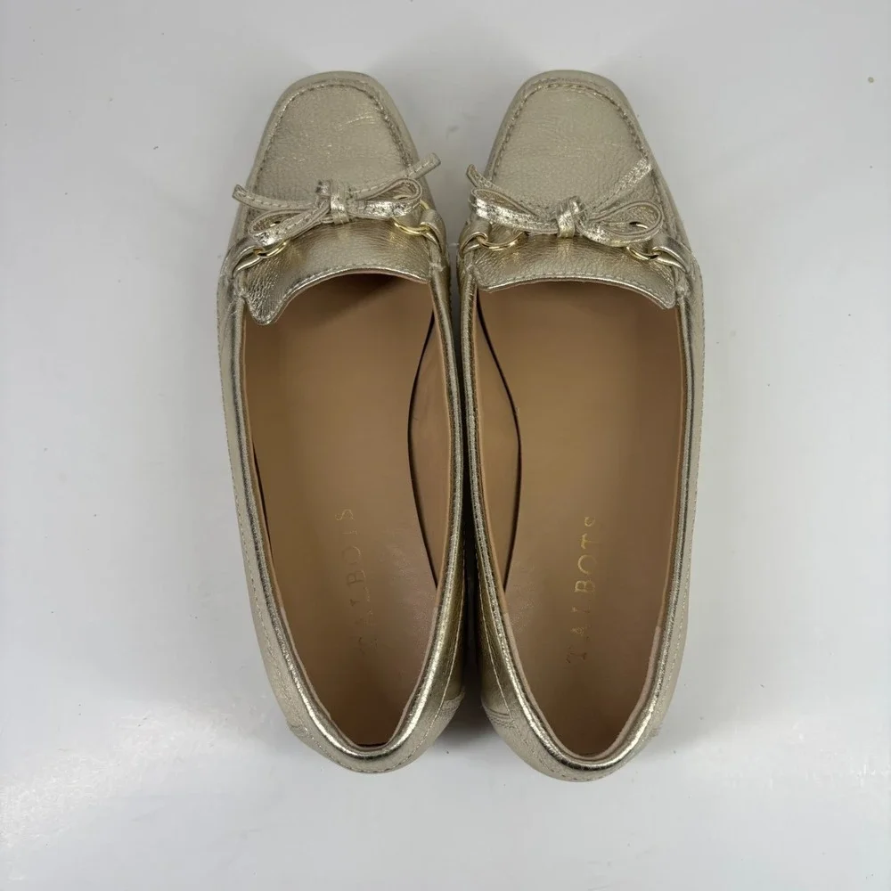 Talbots Women's US 7M Metallic Gold Leather Bow Tie Slip-On Loafers‎ Flats Shoes